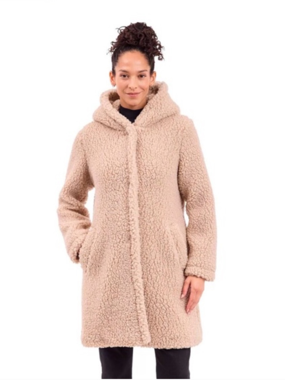 BCBGeneration Hooded Button-Front Teddy Bear Coat in Tan